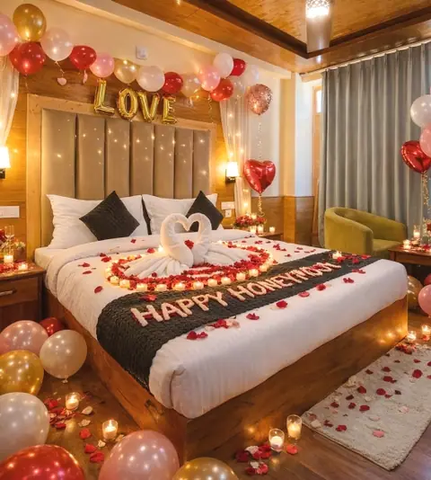 Honeymoon room decorated with rose petals, balloons and candles at Dashaur Heights Manali